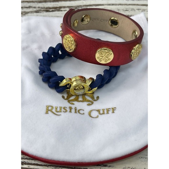 Rustic Cuff Jewelry - Rustic Cuff Gold Tone Logo Metallic‎ Red Leather Bracelet with Navy Silicone set